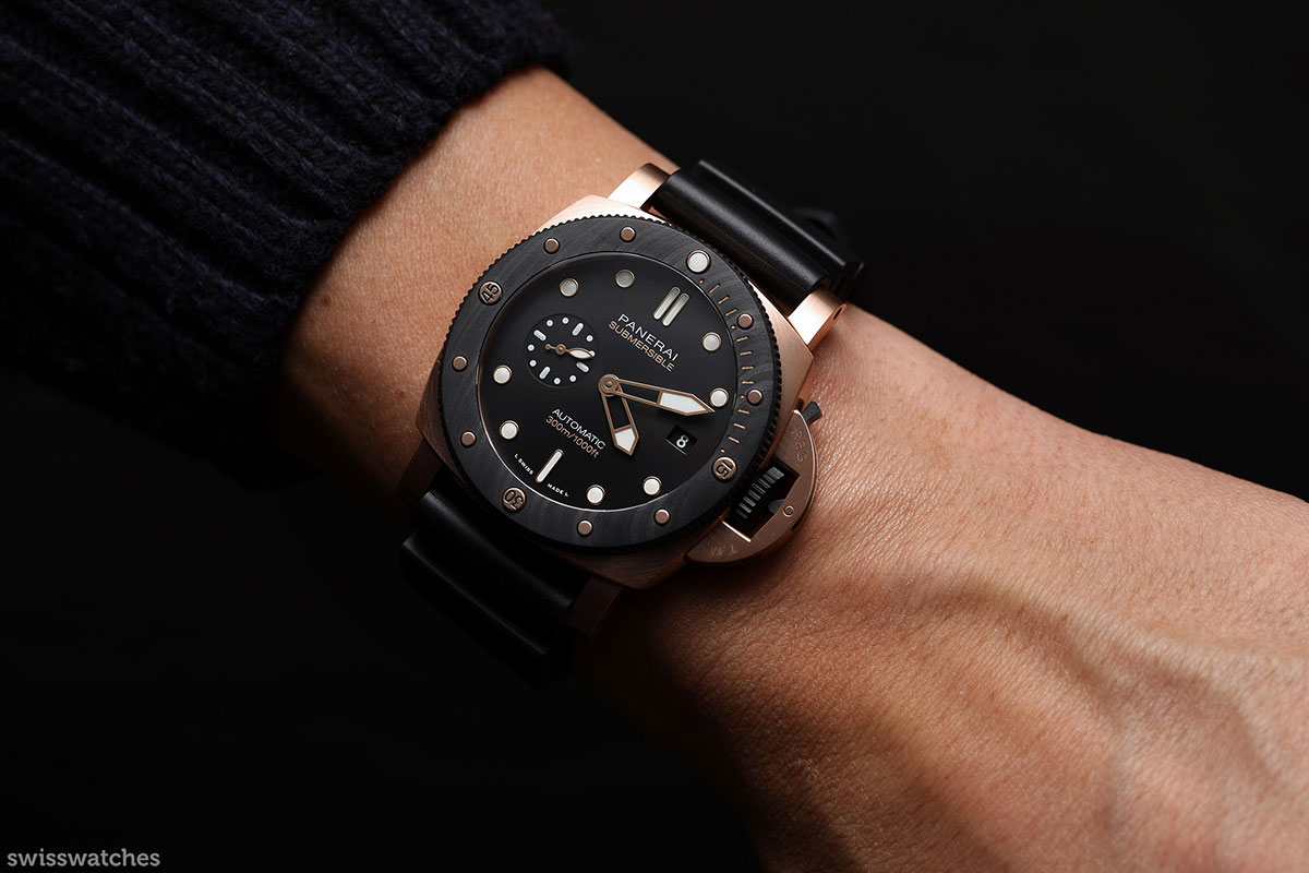 The Best Luxury Dive Watches for 2023 - Panerai-Submersible-Goldtech-Orocarbo-44mm-PAM01070-Wristshot-4
