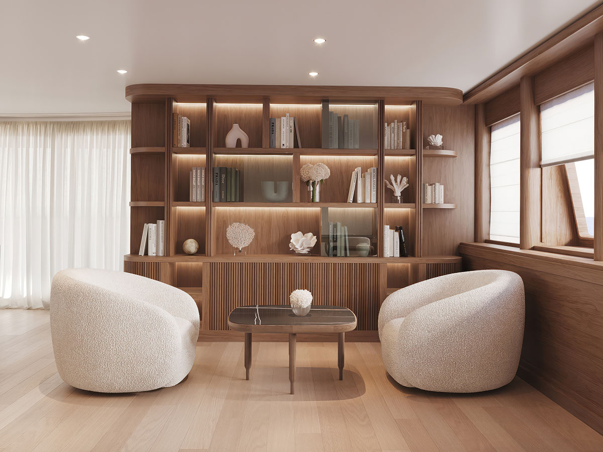 Kyriakos Mourtzouchos Technical Manager PrivatSea – A render design of a room with a table chairs and a bookshelf